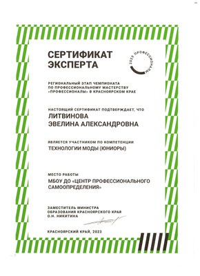 Литвинова Эвелина Александровна Сертификат эксперта